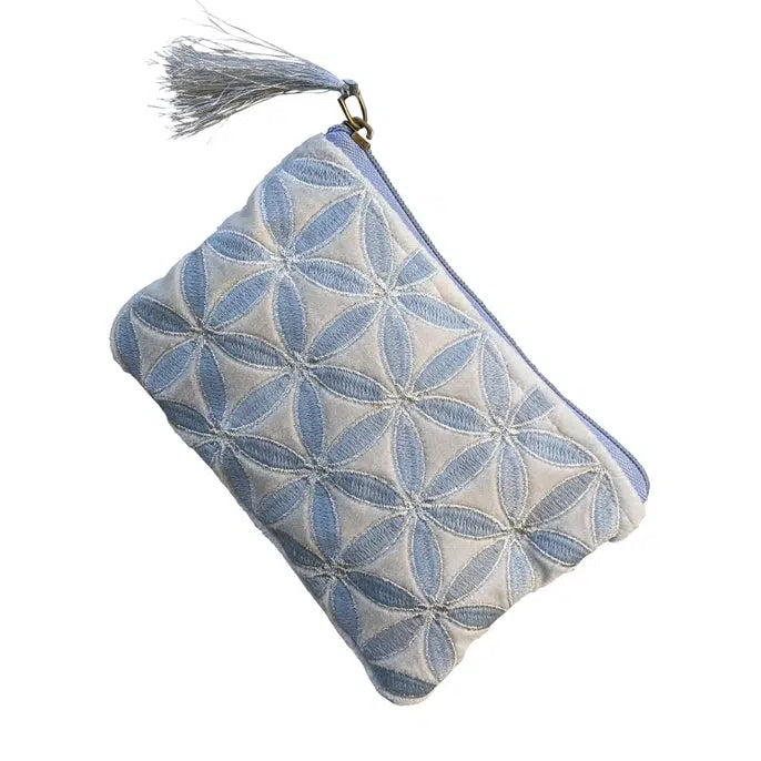 Chloe & Lex Pouch: Silver with Light Blue Flowers-ESSE Purse Museum & Store