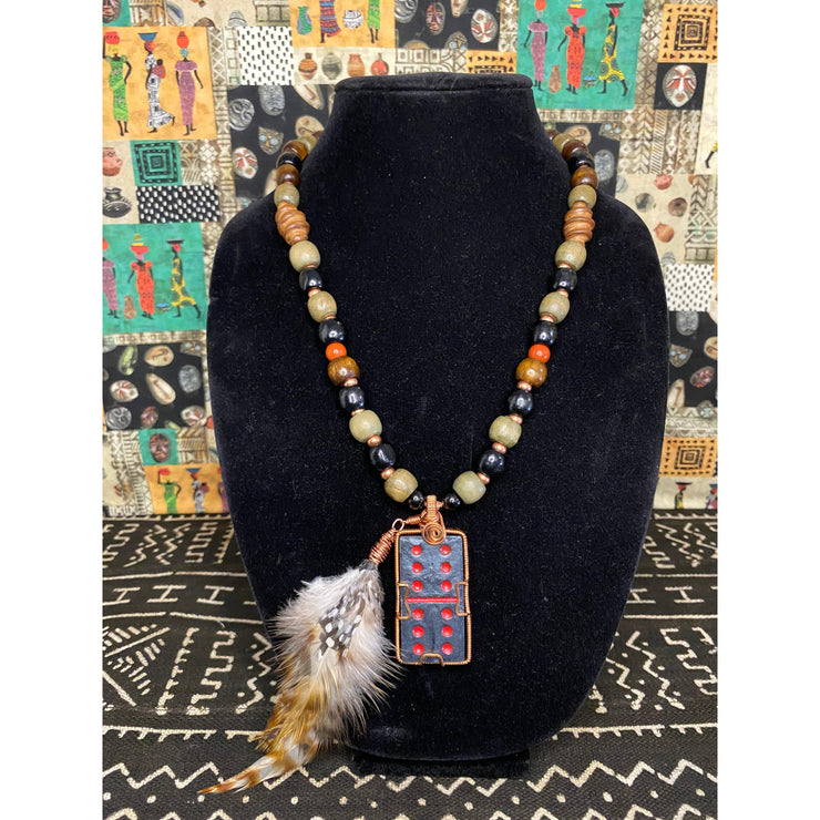 Coils Crystals & Culture Necklace: Big 6 Guinea Feathers-ESSE Purse Museum & Store