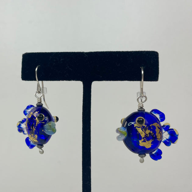 Isinglass Design Earrings: Cobalt & Gold Fish – ESSE Purse Museum & Store