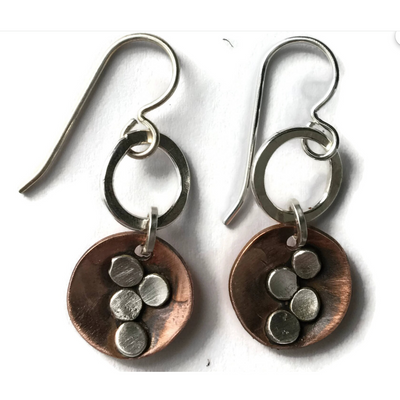 Joanna Craft Earrings: Petite Copper and Silver Disc Dangles-ESSE Purse Museum & Store
