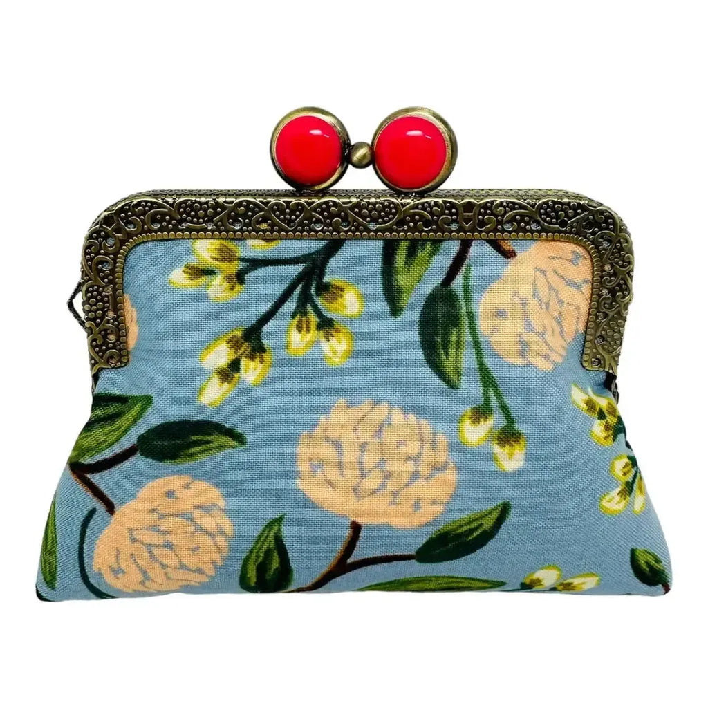 Kiki & Syds On The Go Credit Card Clutch: Peony Dusty Blue & Pink-ESSE Purse Museum & Store