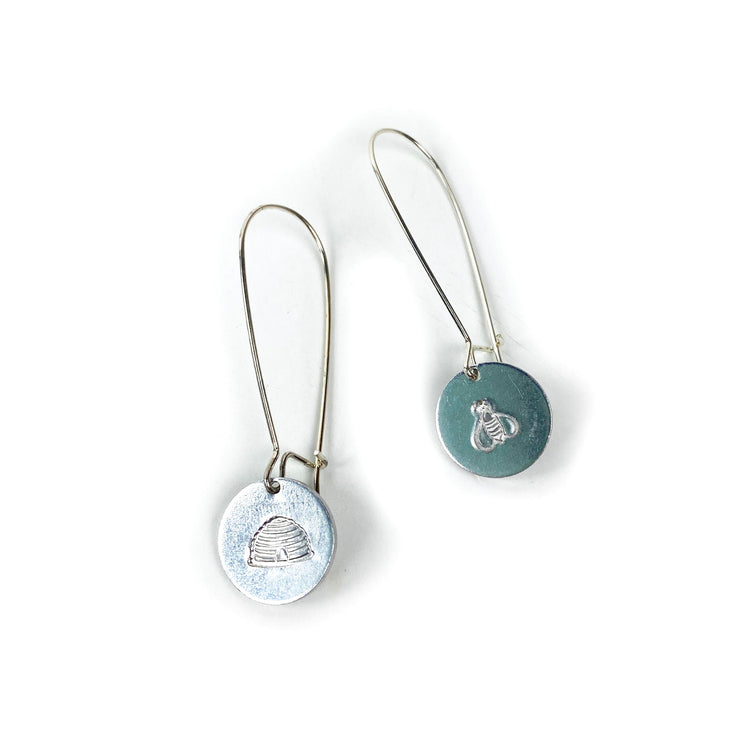 Of The Earth Earrings: Aluminum Stamped Bee & Hive-ESSE Purse Museum & Store