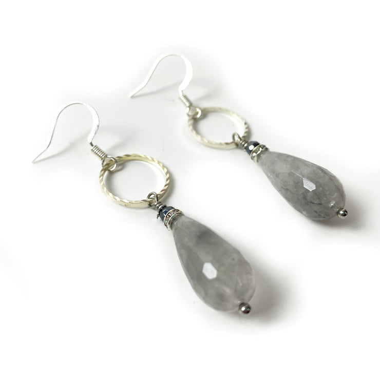 Of The Earth Earrings: Grey Quartz Drops with Hematite #3214-ESSE Purse Museum & Store