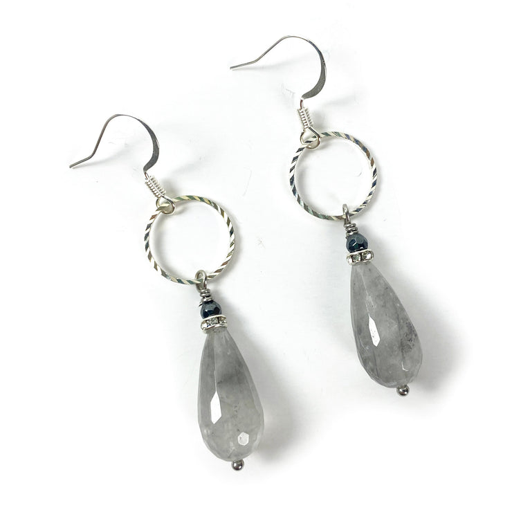 Of The Earth Earrings: Grey Quartz Drops with Hematite #3214-ESSE Purse Museum & Store