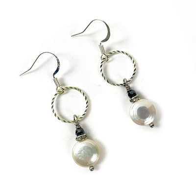 Of The Earth Earrings: Pearl & Hematite Dangles #3217-ESSE Purse Museum & Store