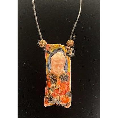 Pecan Tree Pottery Necklace: Large Buddha Amulet with Bronze Beads