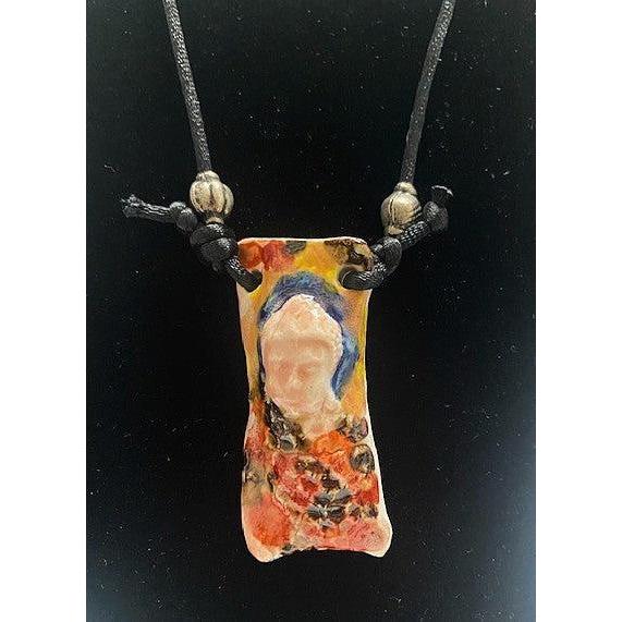 Pecan Tree Pottery Necklace: Large Buddha Amulet with Silver Beads