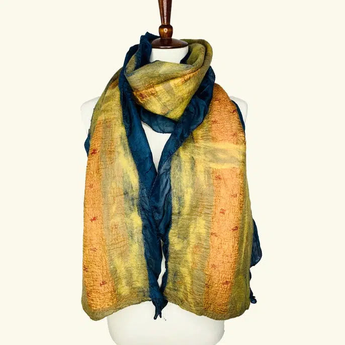 Pomegranate Moon Scarf: Navy & Yellow Side Silk-ESSE Purse Museum & Store