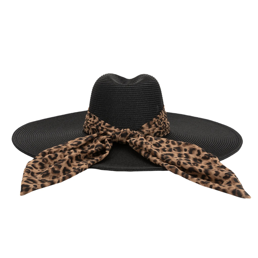San Diego Hat Company Wide Brim Sun Hat in Striped Black & Taupe San Diego Hat Company The Line Stiff Wool Felt Fedora with  main image 2