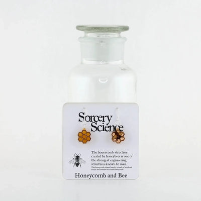 Sorcery Science Earrings: Tiny Honeycomb with Bee Dangles-ESSE Purse Museum & Store