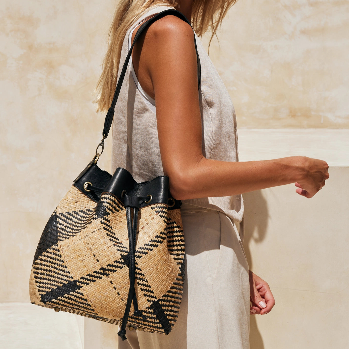 The Winding Road Bag: Black and Ivory Plaid Rattan Sling