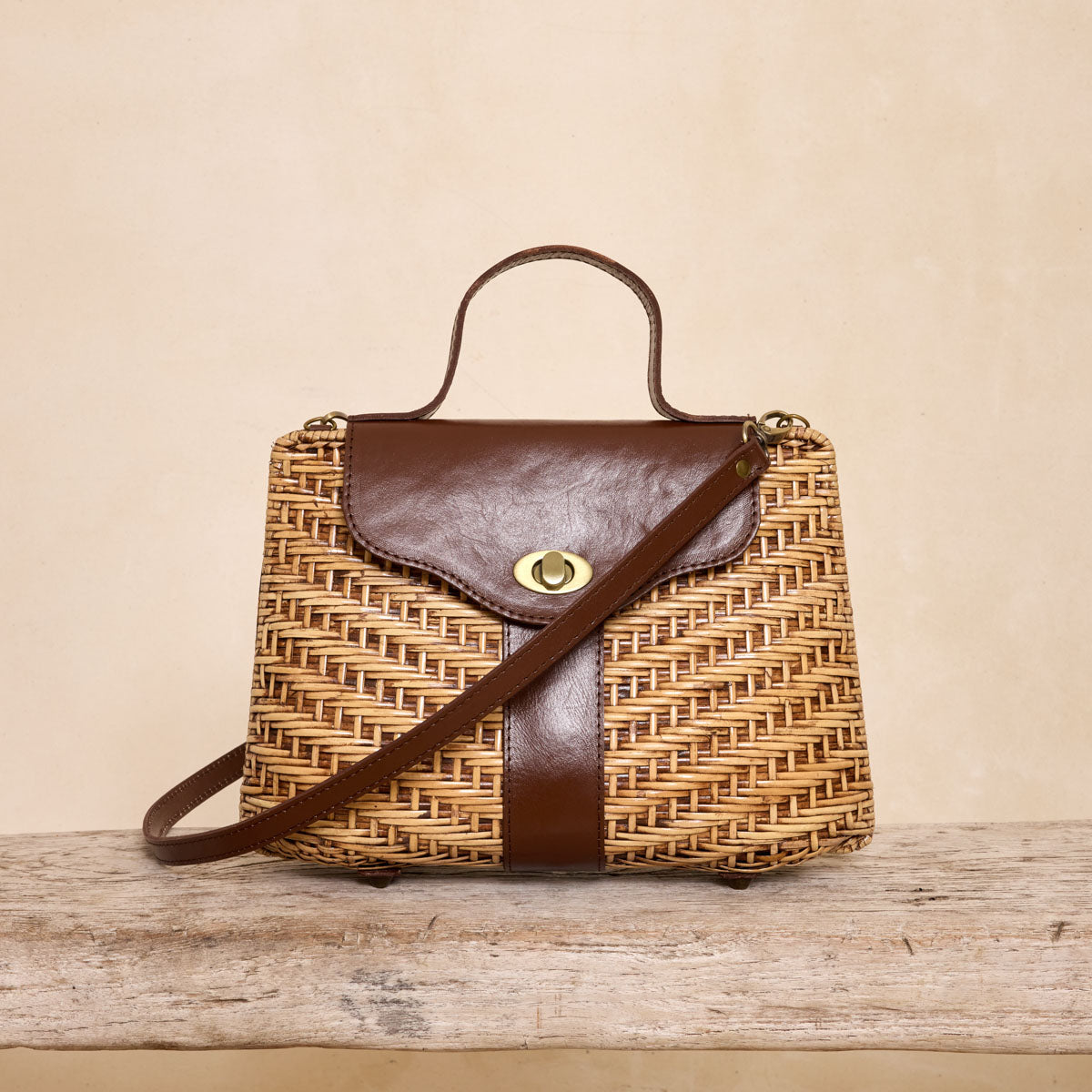The Winding Road Bag: Dark Brown Leather & Rattan Crossbody