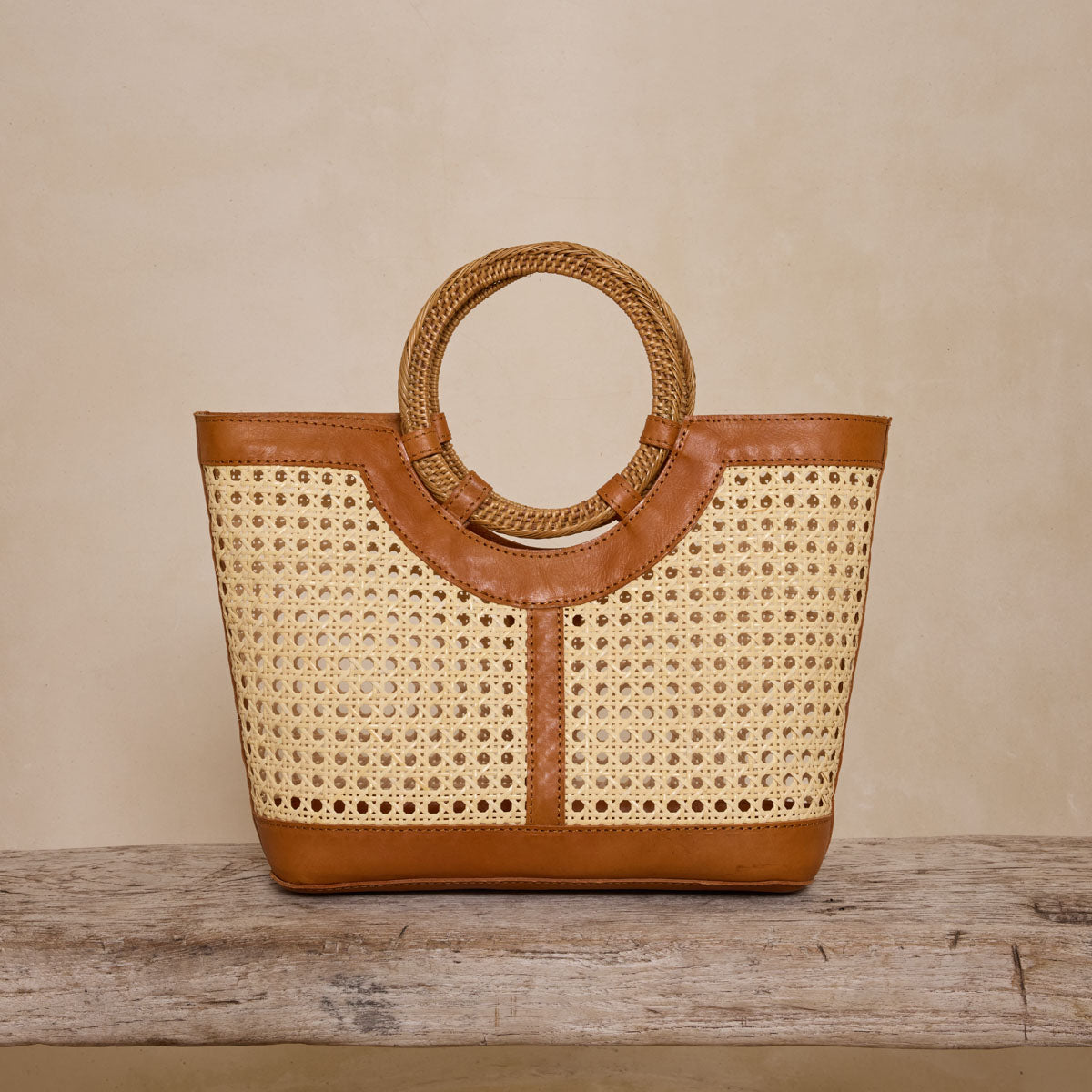 The Winding Road Bag: Leather & Cane Weave Tote with Round Handle