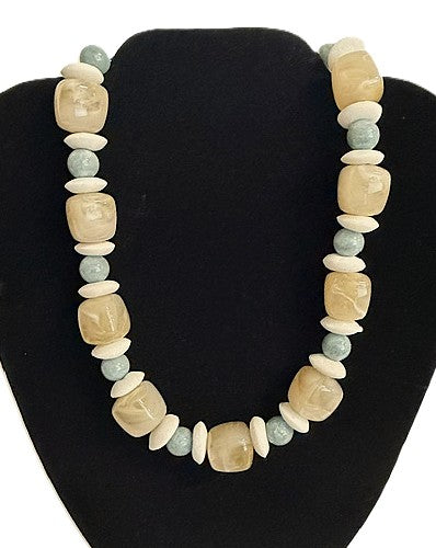 One Eleven Designs Necklace: Tan, Blue and White